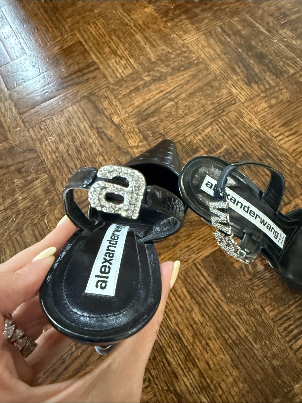 Alexander Wang Black Patent Croc-Embossed Slingback Heels with Crystal Strap - Picture 5 of 7
